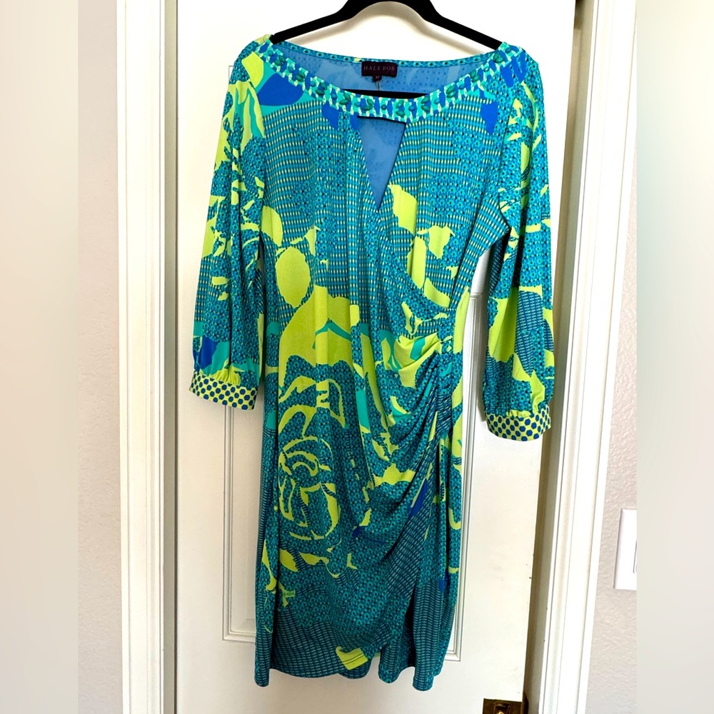 Hale Bob Printed Wrap Jeweled Neck Dress M
